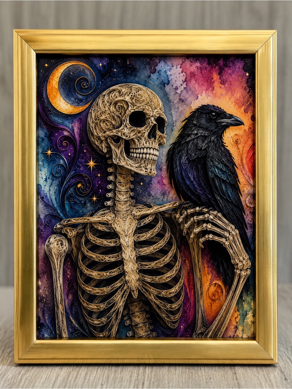 3x5 inch Gold Framed Skeleton & Raven Wall Art Print